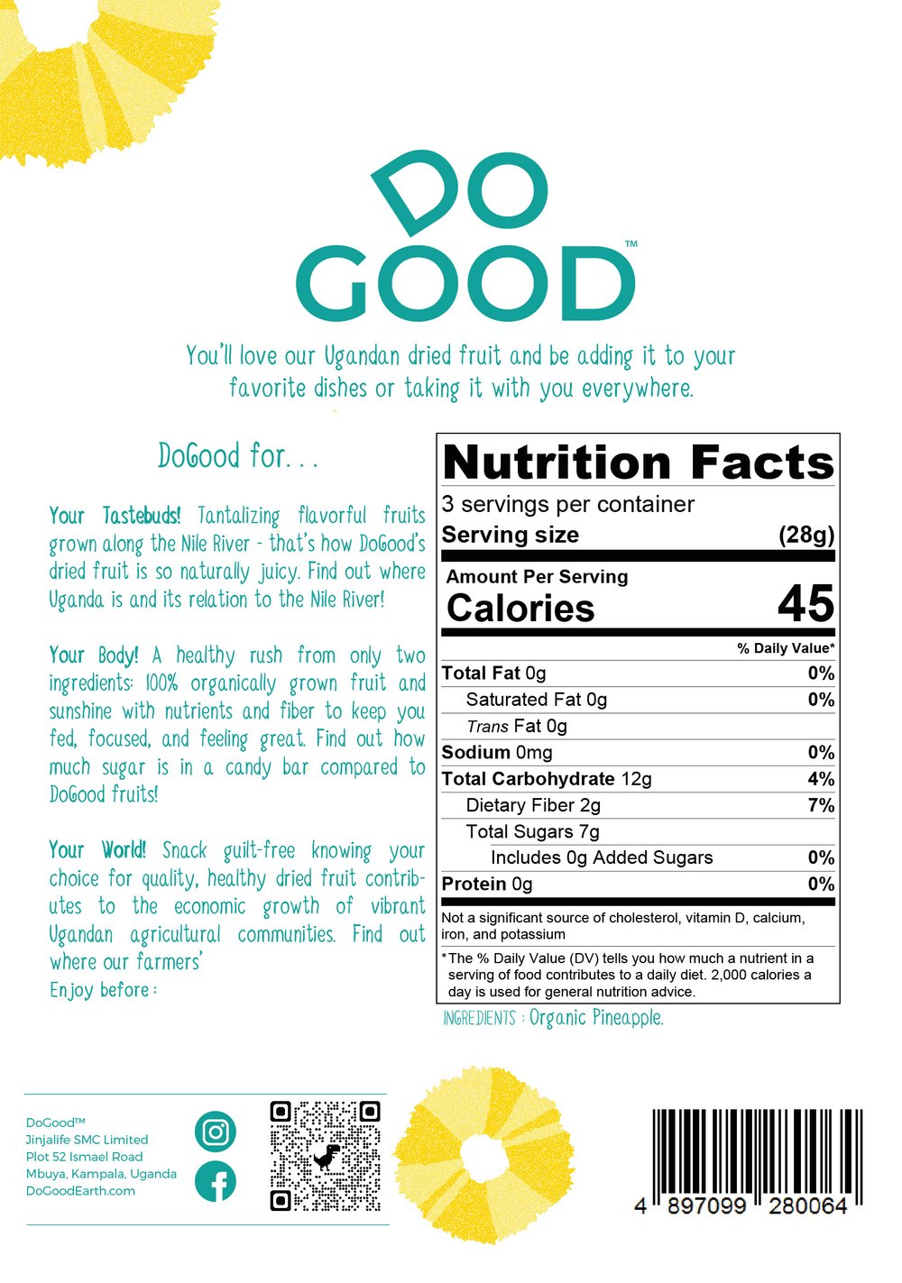 DoGood dried pineapple packaging back with nutrition facts, ingredients, and company details