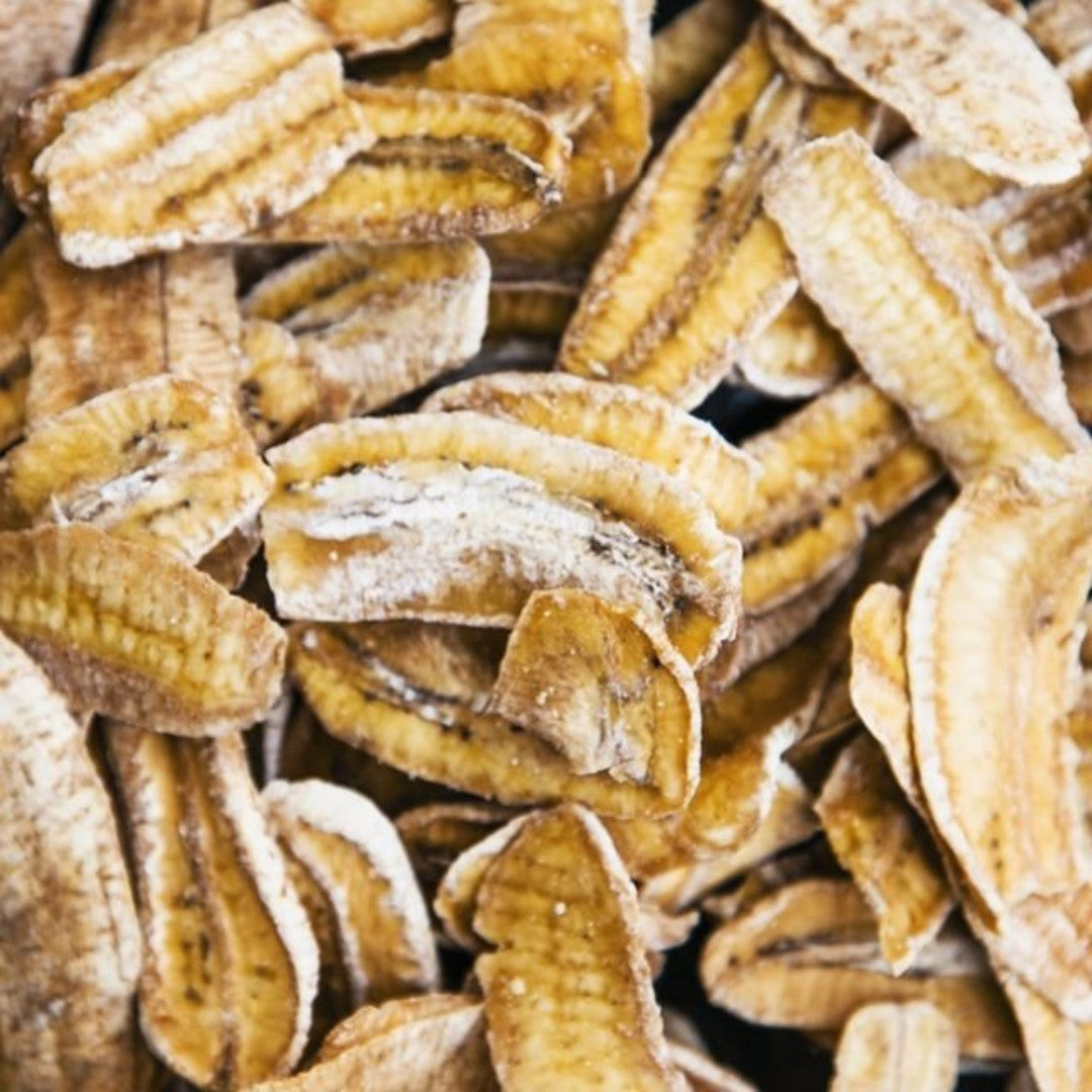 Close-up of DoGood Ndizi Banana dried fruit chips, organic healthy snack with no added sugar