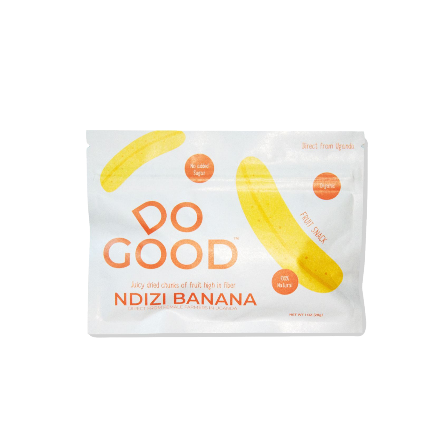 Do Good Ndizi Banana organic dried banana fruit snack pack, 100% natural with no added sugar, juicy dried banana chunks high in fiber, 1 oz pouch sourced from farmers in Uganda