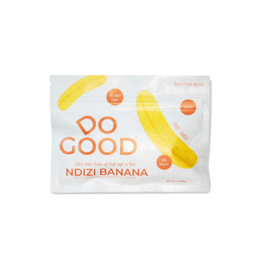 Do Good Ndizi Banana organic dried banana fruit snack pack, 100% natural with no added sugar, juicy dried banana chunks high in fiber, 1 oz pouch sourced from farmers in Uganda