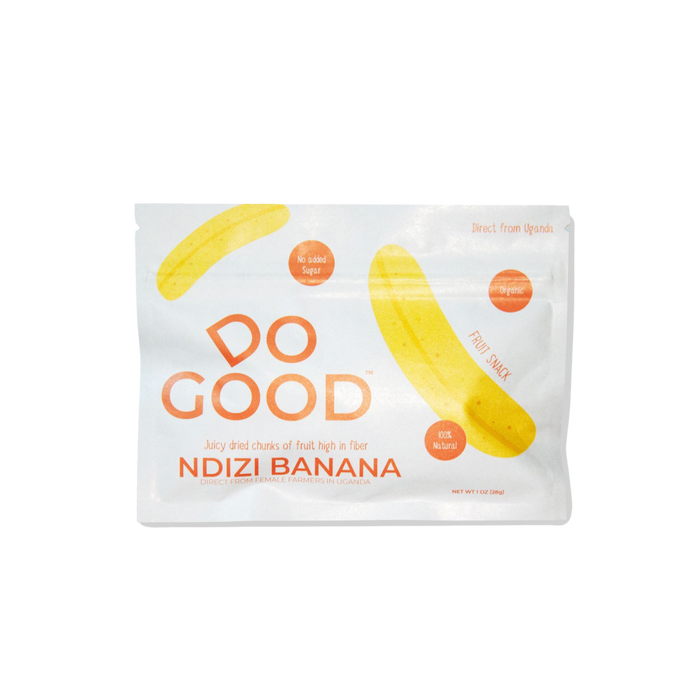 Do Good Ndizi Banana organic dried banana fruit snack pack, 100% natural with no added sugar, juicy dried banana chunks high in fiber, 1 oz pouch sourced from farmers in Uganda