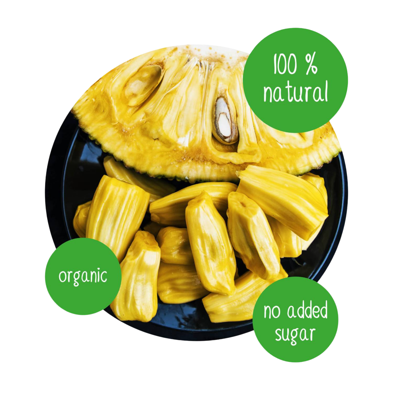 Fresh organic jackfruit with yellow jackfruit pods on a plate, natural tropical fruit ingredient for dried jackfruit snacks, 100% natural with no added sugar