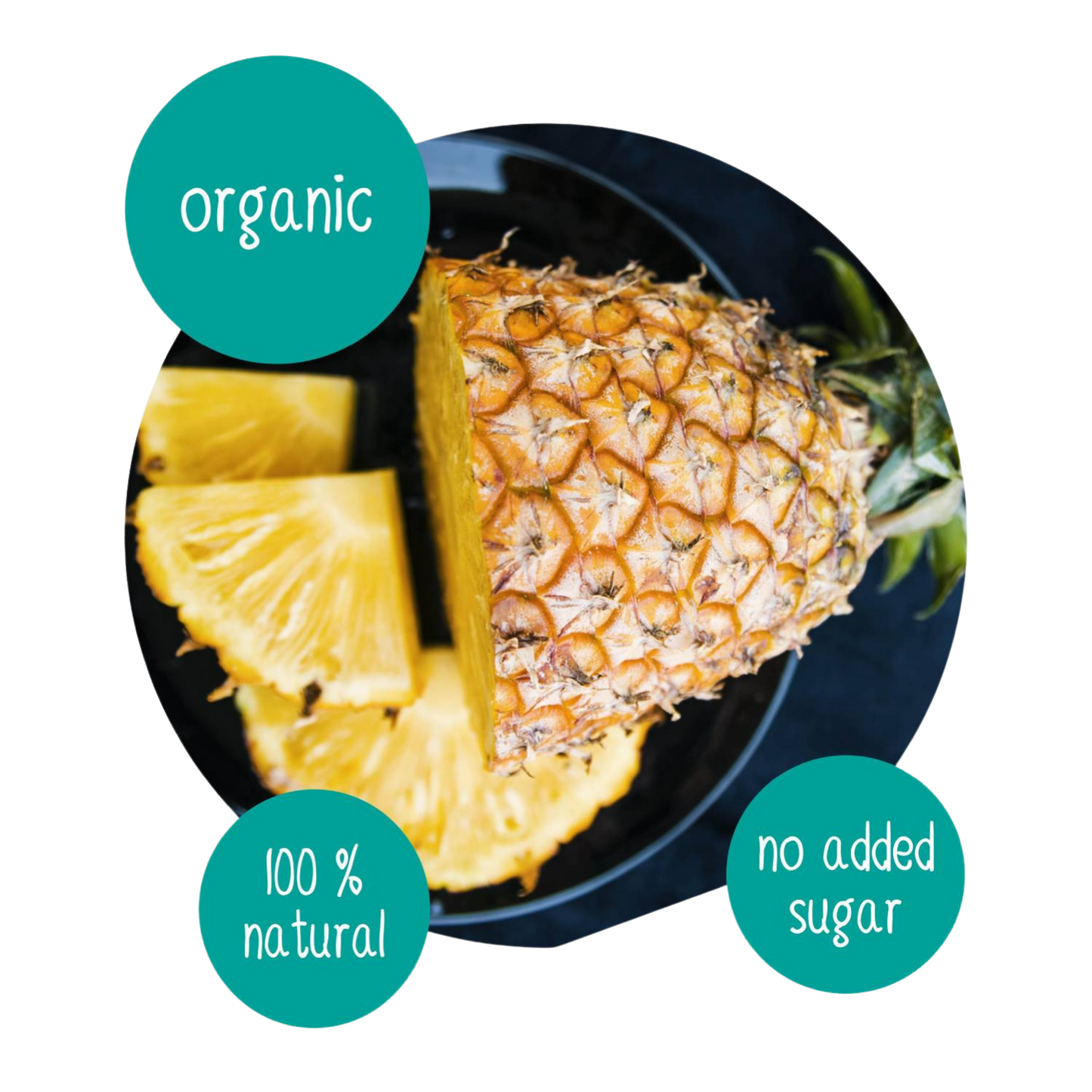 Fresh organic pineapple with sliced wedges on a plate, labeled 100% natural with no added sugar, tropical fruit ingredient for Do Good dried pineapple snacks