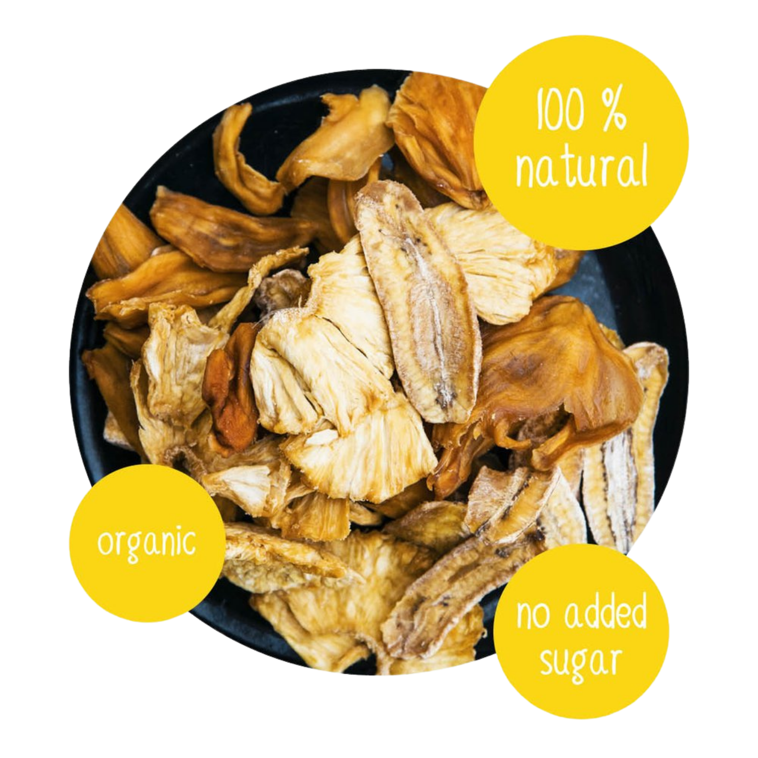 Organic dried fruit mix with pineapple, banana, and jackfruit pieces in a bowl, 100% natural fruit snack with no added sugar, tropical dried fruit ingredients for Do Good snacks