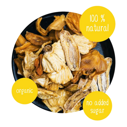 Organic dried fruit mix with pineapple, banana, and jackfruit pieces in a bowl, 100% natural fruit snack with no added sugar, tropical dried fruit ingredients for Do Good snacks