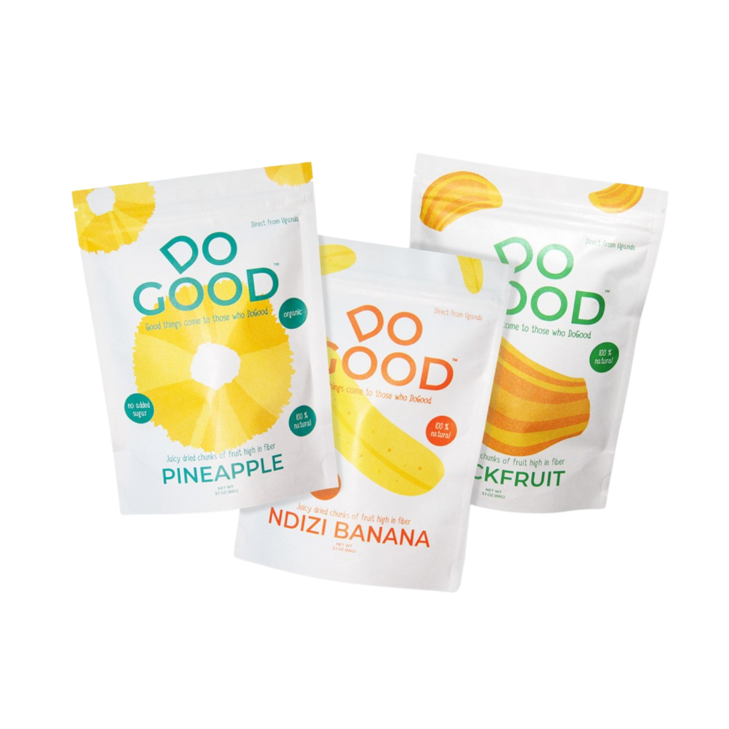 Do Good organic dried fruit variety bundle featuring pineapple, Ndizi banana, and jackfruit share packs, 100% natural fruit snacks with no added sugar sourced from farmers in Uganda