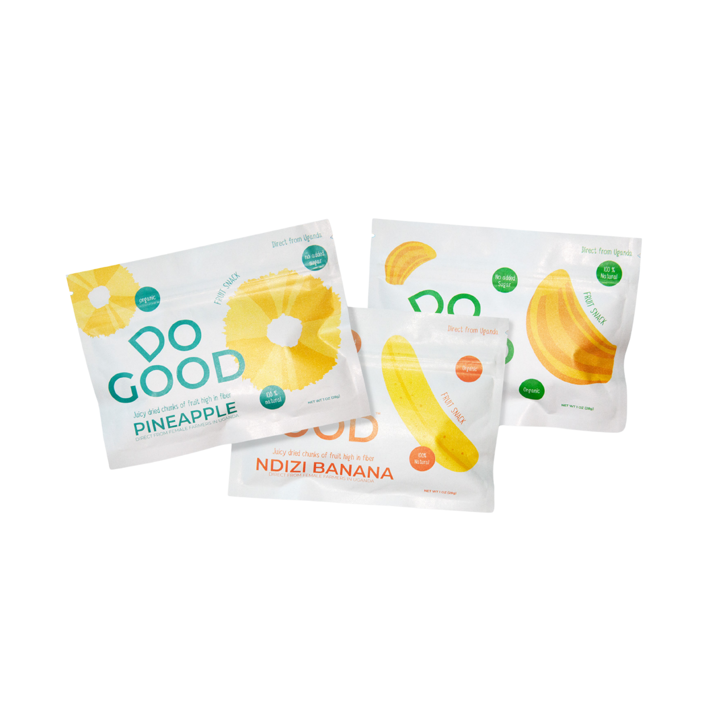 Do Good organic dried fruit snack variety pack featuring pineapple, Ndizi banana, and jackfruit, 100% natural fruit snacks with no added sugar sourced from farmers in Uganda