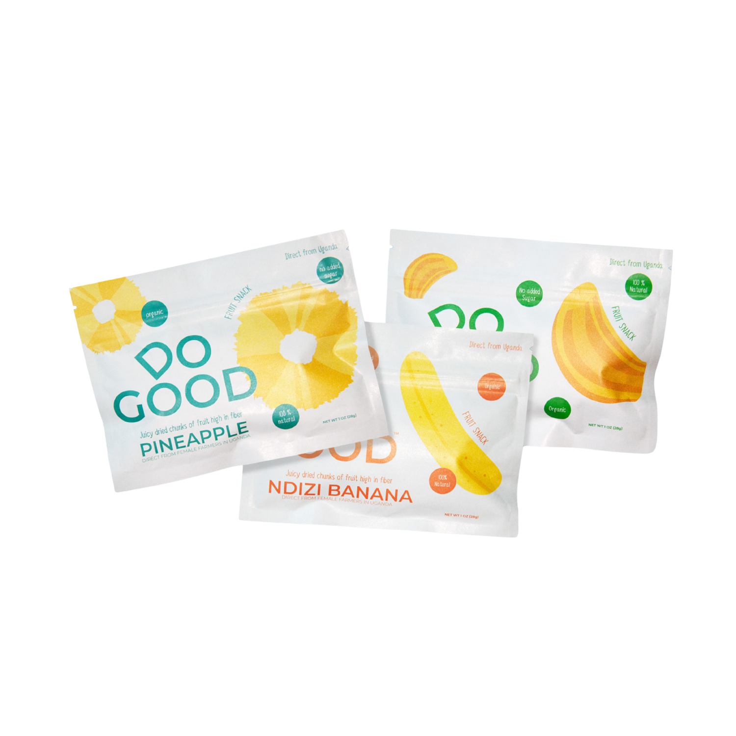 Do Good organic dried fruit snack variety pack featuring pineapple, Ndizi banana, and jackfruit, 100% natural fruit snacks with no added sugar sourced from farmers in Uganda