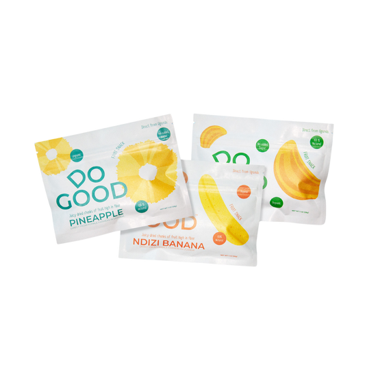 Do Good organic dried fruit snack variety pack featuring pineapple, Ndizi banana, and jackfruit, 100% natural fruit snacks with no added sugar sourced from farmers in Uganda