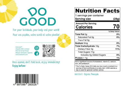 DoGood organic dried pineapple snack packaging with nutrition facts label showing 70 calories per serving, high fiber, no added sugar
