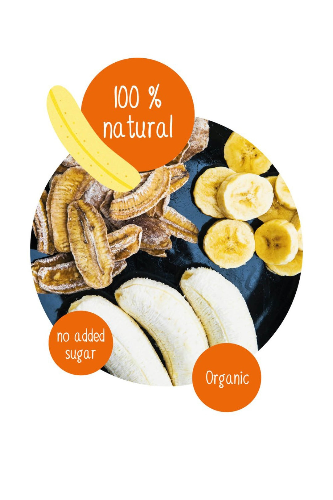 Fresh and dried ndizi bananas on a black plate with DoGood labels showing 100% natural, organic, and no added sugar healthy fruit snacks