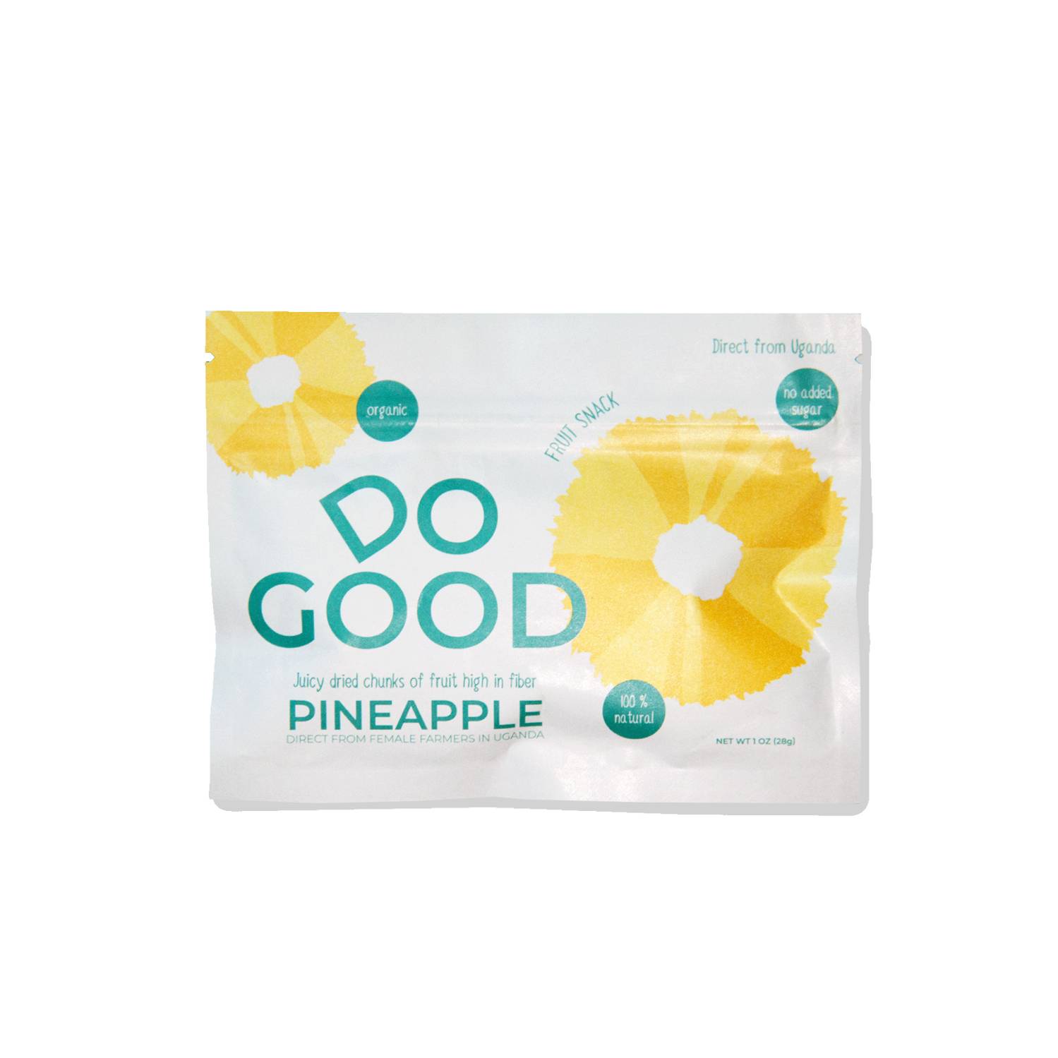 DoGood Pineapple snack pack with organic dried pineapple chunks, healthy no added sugar fruit snack from Uganda