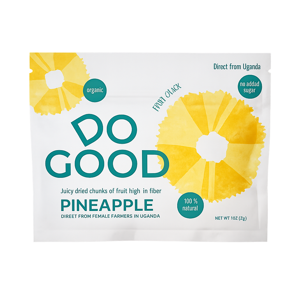 DoGood Earth organic dried pineapple fruit snack, 1oz pouch made from naturally sweet pineapple sourced from female farmers in Uganda.