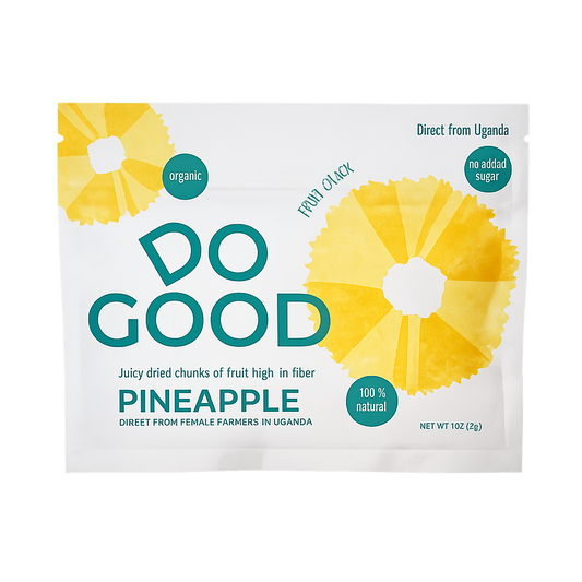 DoGood Earth organic dried pineapple fruit snack, 1oz pouch made from naturally sweet pineapple sourced from female farmers in Uganda.