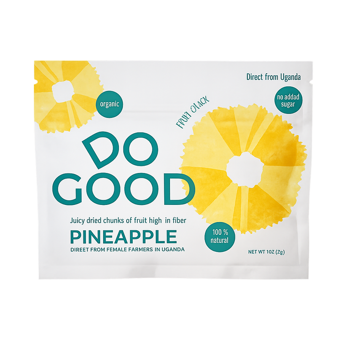DoGood Earth organic dried pineapple fruit snack, 1oz pouch made from naturally sweet pineapple sourced from female farmers in Uganda.
